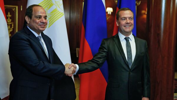 Дмитрий Медведев и президент Арабской Республики Египет Абдель Фаттах ас-Сиси во время встречи. 16 октября 2018