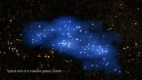 Гиперион, суперскопление галактик, существовавшее в ранней Вселенной. Красным отмечены размеры обычного скопления галактик
