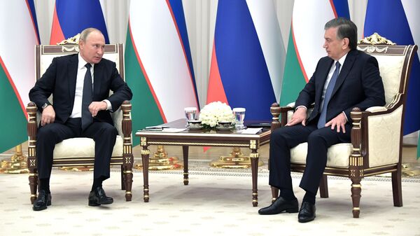 Президент РФ Владимир Путин и президент Узбекистана Шавкат Мирзиеев во время беседы в государственной резиденции Куксарой. 19 октября 2018