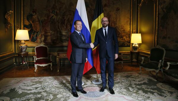 Председатель правительства РФ Дмитрий Медведев и премьер-министр Бельгии Шарль Мишель во время встречи в Брюсселе. 19 октября 2018
