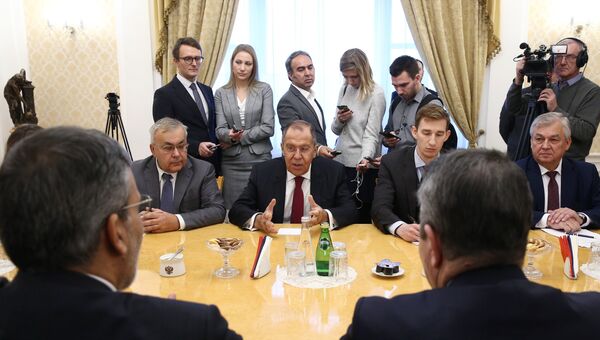 Глава МИД РФ Сергей Лавров во время встречи с представителями астанинской тройки в Москве. 24 октября 2018