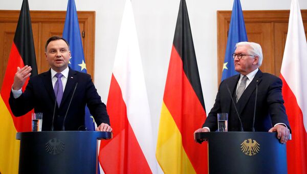Президент Польши Анджей Дуда и президент ФРГ Франк-Вальтер Штайнмайер во время совместной пресс-конференции в Берлине. 23 октября 2018