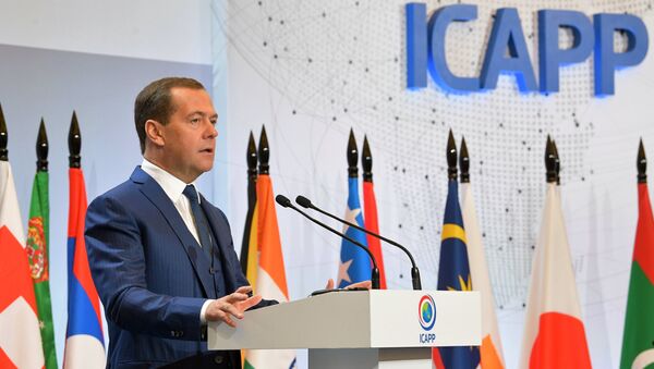 Дмитрий Медведев выступает на пленарном заседании Х генеральной ассамблеи Международной конференции азиатских политических партий. 26 октября 2018