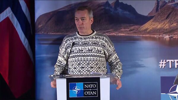 Министр обороны Норвегии Франк Бакке-Йенсен на пресс-конференции, посвященной учениям НАТО Trident Juncture