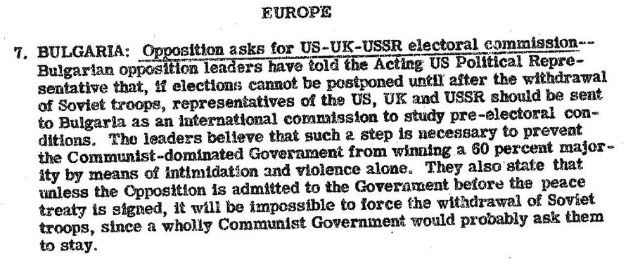 Сообщение в сводке от 23 сентября 1946 года о предвыборной ситуации в Болгарии