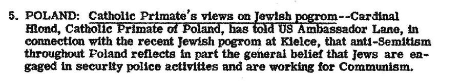 Сообщение в сводке от 10 июля 1946 года с объяснением польским кардиналом Августом Хлондом причин еврейского погрома в Кельце