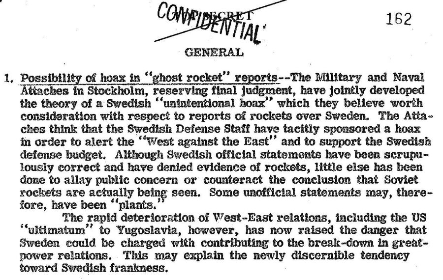 Сообщение в сводке от 16 августа 1946 года о ракетном обстреле СССР Норвегии, Финляндии и Швеции
