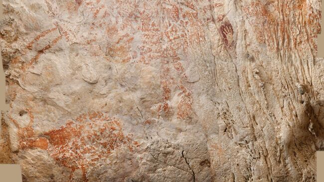 Изображение самого древнего наскального рисунка животного внутри пещеры в Борнео, Индонезия