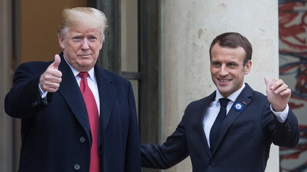 Президент Франции Эммануэль Макрон принимает президента США Дональда Трампа в Елисейском дворце в Париже. 10 ноября 2018