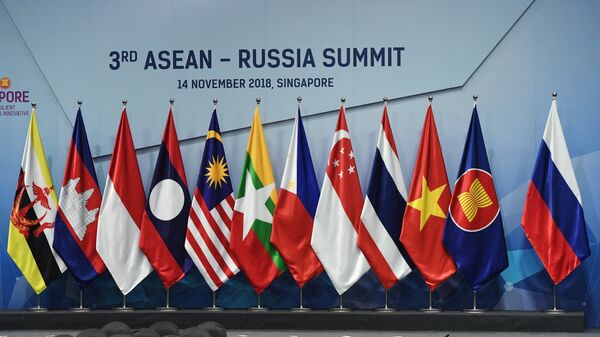 Флаги стран-участниц 3-го саммита Россия-АСЕАН в Сингапуре