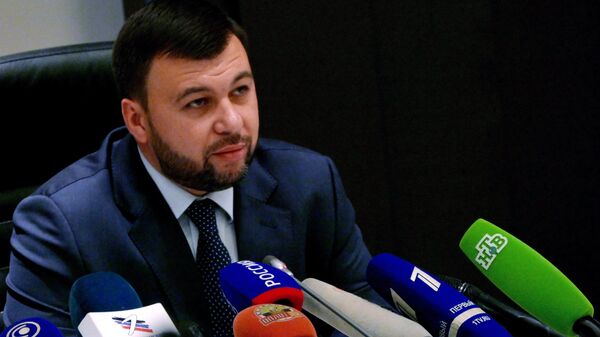 Глава Донецкой народной республики Денис Пушилин на пресс-конференции в Донецке