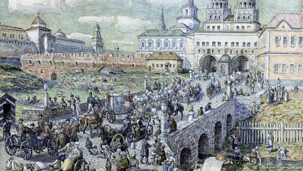 Картина Аполлинария Михайловича Васнецова Уличное движение на Воскресенском мосту в XVIII веке