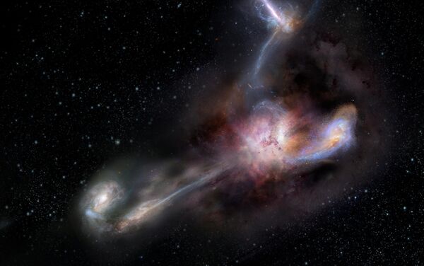 Так художник представил себе, как самая яркая галактика Вселенной (в центре) пожирает три других звездных мегаполиса