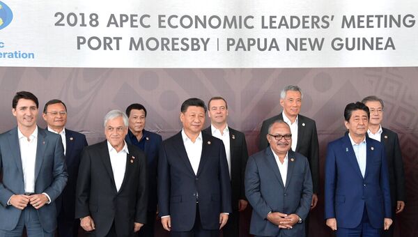 Председатель правительства РФ Дмитрий Медведев во время совместного фотографирования лидеров экономик форума Азиатско-тихоокеанское экономическое сотрудничество в Порт-Морсби. 18 ноября 2018