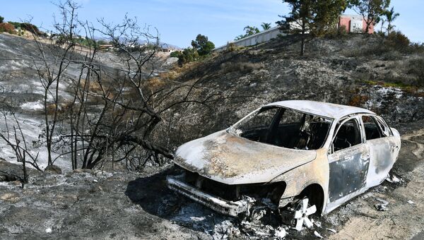 Автомобиль, сгоревший в результате лесных пожаров, в окрестностях города Малибу в штате Калифорния