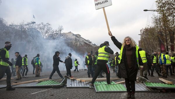 Участники акции протеста против роста цен на бензин желтые жилеты в Париже. Архивное фото
