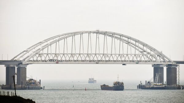 Суда проходят под аркой Крымского моста после возобновления судоходства в Керченском проливе. 