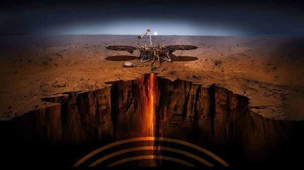 Иллюстрация спускаемого модуля InSight на Марсе