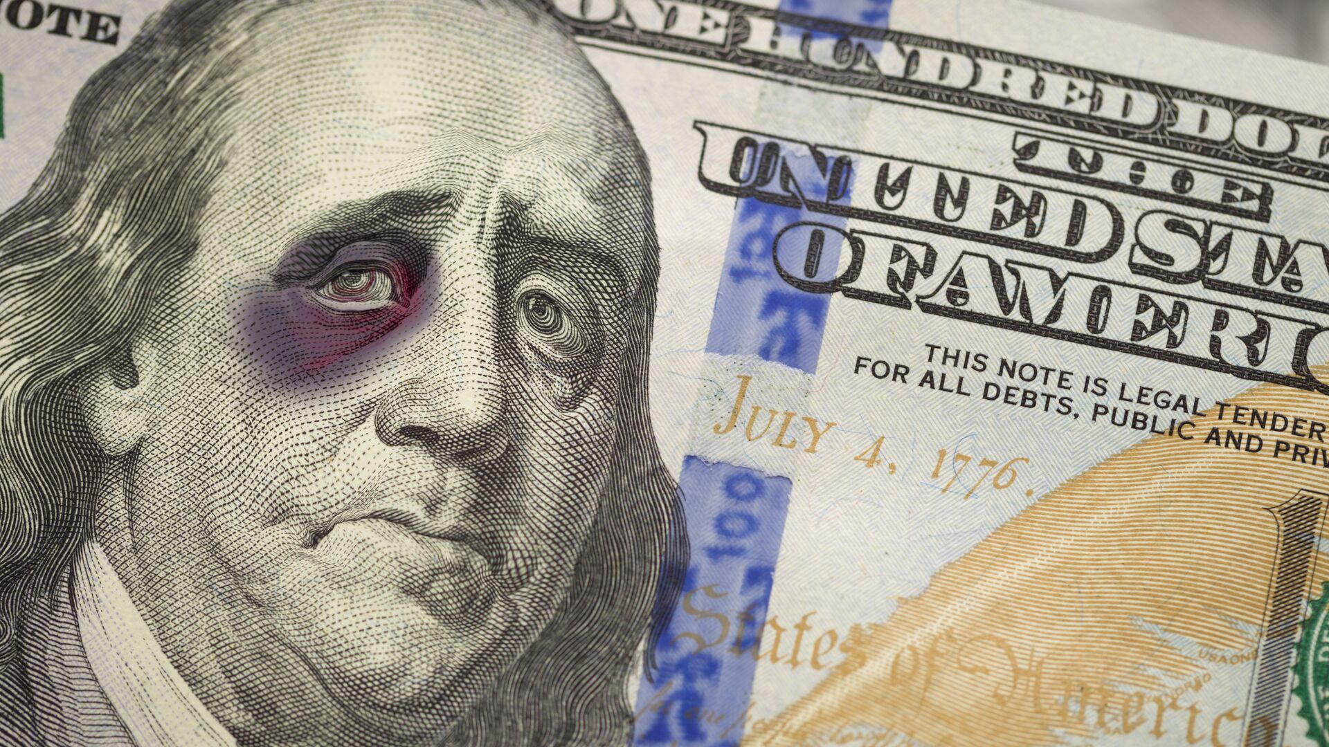 Изображение Бенджамина Франклина с подбитым глазом на банкноте номиналом в 100 долларов США  - РИА Новости, 1920, 08.02.2021
