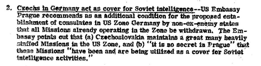 Фрагмент обзора донесений разведки США от 9 января 1947 года — о том, что граждан Чехословакии подозревают в работе на советскую разведку