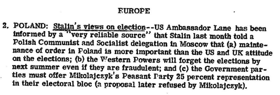 Фрагмент обзора с донесениями разведки США ль 1 октября 1946 года, озаглавленный Взгляд Сталина на выборы