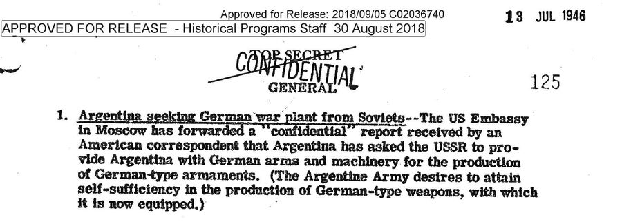 Фрагмент обзора донесений разведки США от 13 июля 1946 года о том, что Аргентина просит предоставить ей трофейное германское оборудование для производства вооружений