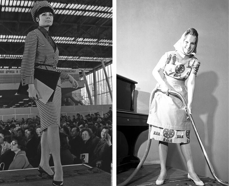 Демонстрация моделей одежды коллекции осень-зима 1964 года. Деловой костюм. / Советская мода 1961-1962 гг. Домашнее платье из цветной хлопчатобумажной ткани, косынка и фартук из однотонного хлопчатобумажного полотна. Демонстрация моделей одежды коллекции осень-зима 1964 года. Деловой костюм. / Советская мода 1961-1962 гг. Домашнее платье из цветной хлопчатобумажной ткани, косынка и фартук из однотонного хлопчатобумажного полотна.