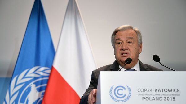 Генеральный секретарь ООН Антониу Гутерреш выступает на открытии 24-й конференции ООН по изменению климата (СОР24) в Катовице. 3 декабря 2018