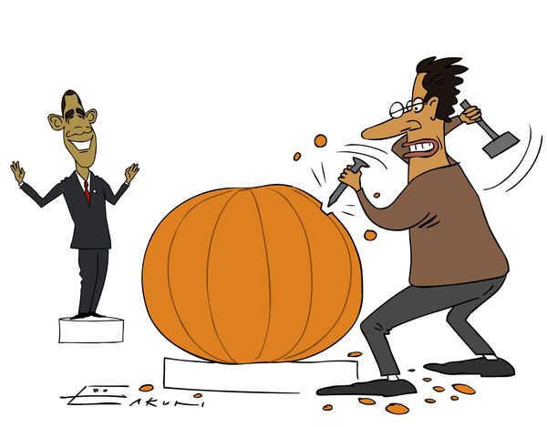 В преддверии Хэллоуина, который пройдет в атмосфере подготовки к выборам президента США, даже тыквы не остались вне политики. Мастера вырезают на них портреты Маккейна и Обамы