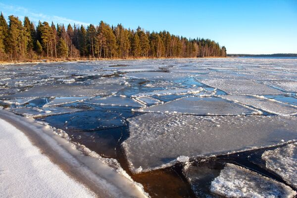 Льдины у берега Онежского озера в Карелии