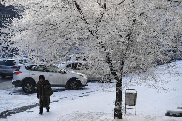 Женщина идет по проспекту Димитрова в Новосибирске