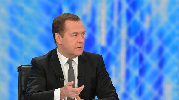  Дмитрий Медведев во время интервью журналистам пяти российских телеканалов по итогам работы правительства РФ в текущем году. 6 декабря 2018