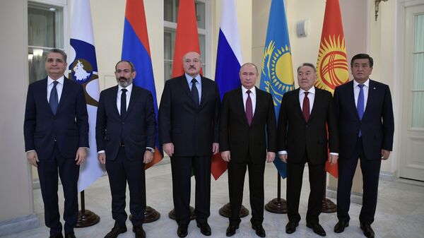 Президент РФ Владимир Путин во время совместного фотографирования глав делегаций государств-членов Высшего Евразийского экономического совета в Санкт-Петербурге