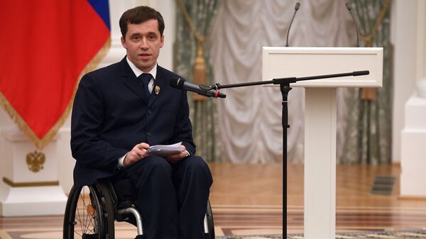 Михаил Терентьев выступает на церемонии вручения Государственных премий за выдающиеся достижения в правозащитной и благотворительной деятельности. 12 декабря 2018
