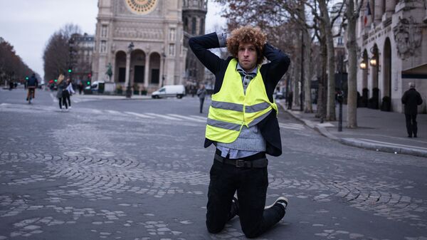Участник акции протеста движения желтые жилеты в Париже