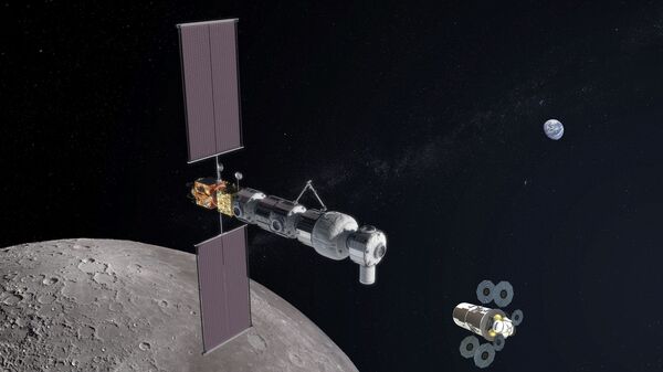 Так художник представил себе лунную орбитальную станцию и посадочный модуль