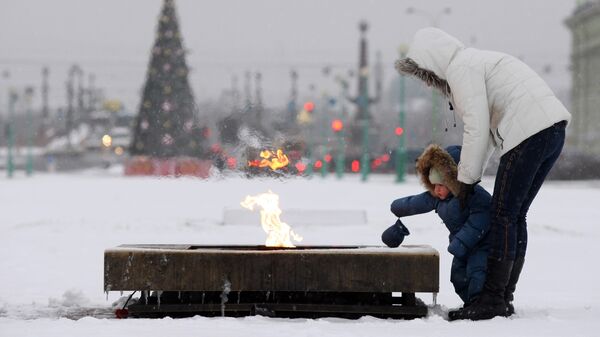 Женщина с ребенком смотрят на Вечный огонь на Марсовом поле в Санкт-Петербурге