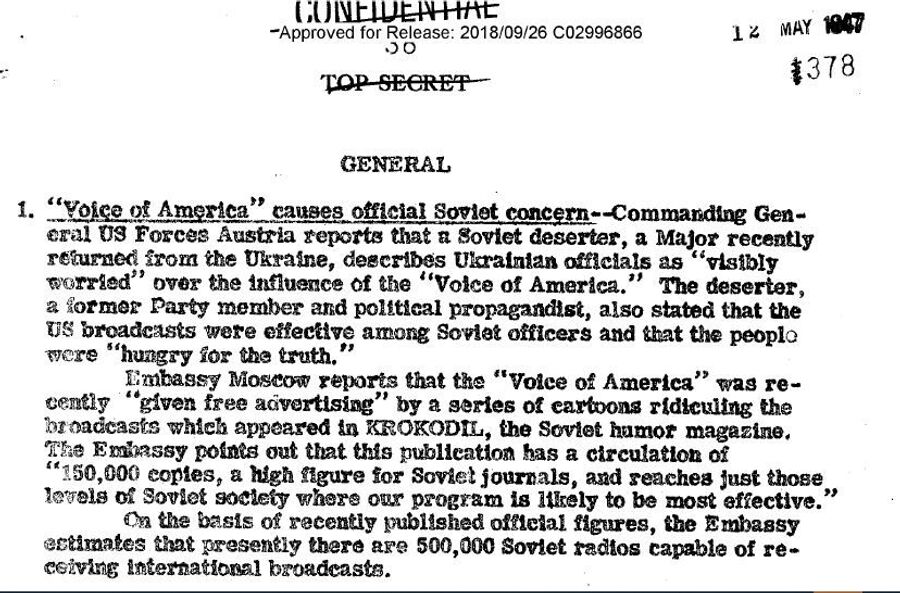 Фрагмент обзора донесений разведки США от 12 мая 1947 года с сообщением о том, как Крокодил рекламирует Голос Америки