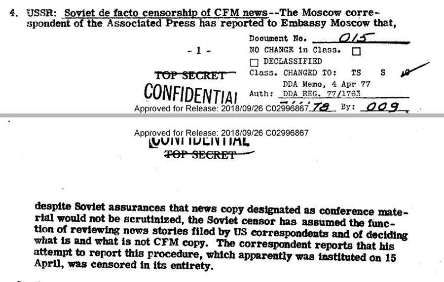 Фрагмент обзора донесений разведки США от 17 апреля 1947 года о цензурировании сообщений зарубежных корреспондентом, освещающих работу Пятой конференции министров иностранных дел в Москве