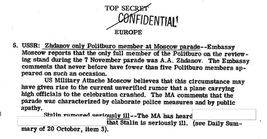 Фрагмент обзора донесений разведки США от 12 ноября 1946 года, содержащий наполовину рассекреченную информацию о болезни Сталина