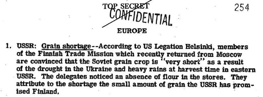 Фрагмент обзора донесений разведки США от 14 декабря 1946 года, в котором сообщается о нехватке зерна в СССР