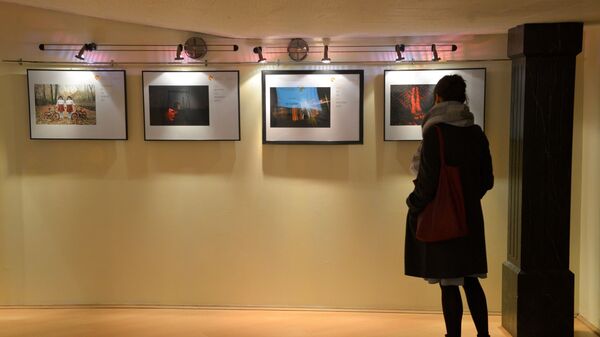 Посетительница знакомится с экспозицией на открытии выставки победителей конкурса имени Андрея Стенина в Брюсселе