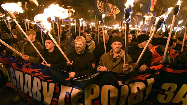 Участники марша националистов, приуроченного к 109-й годовщине со дня рождения Степана Бандеры, в Киеве