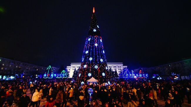 Местные жители на торжественном мероприятии по случаю открытия главной новогодней елки Республики на центральной площади в Луганске