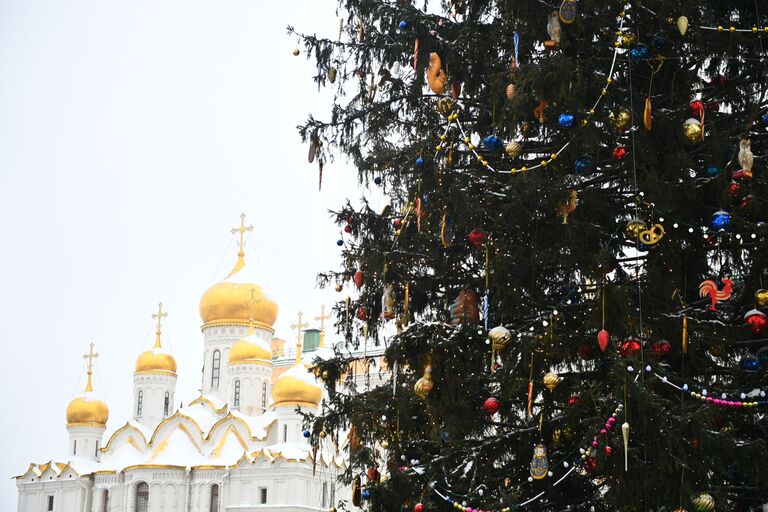 Украшенная новогодняя елка на Соборной площади Московского Кремля. На втором плане: Благовещенский собор