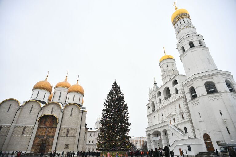 Украшенная новогодняя елка на Соборной площади Московского Кремля