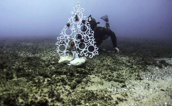 Дайвер устанавливает елку под водой  у побережья города Триполи