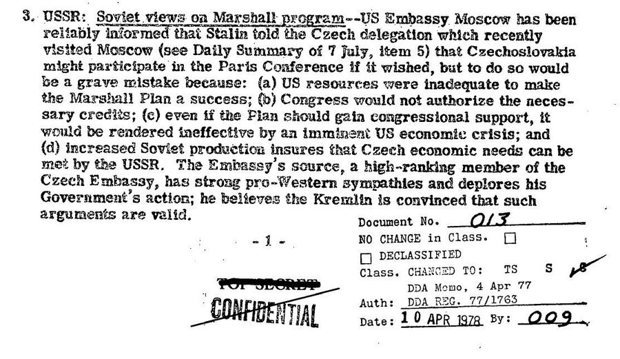 Фрагмент сводки донесений разведки США от 15 мая 1947 года 