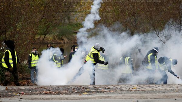 Участники акции протеста желтые жилеты во время столкновения с полицией в Париже