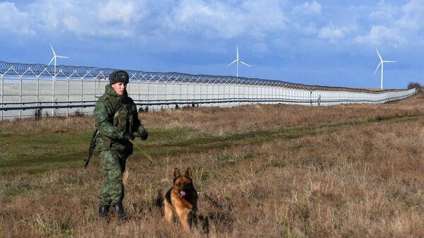Российский пограничник со служебной собакой у заграждения, возведенного в Крыму на границе с Украиной